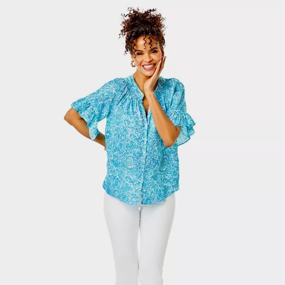 Lilly Pulitzer Tayla Short Sleeve Linen Top | Resort White/Took Me By Sunrise